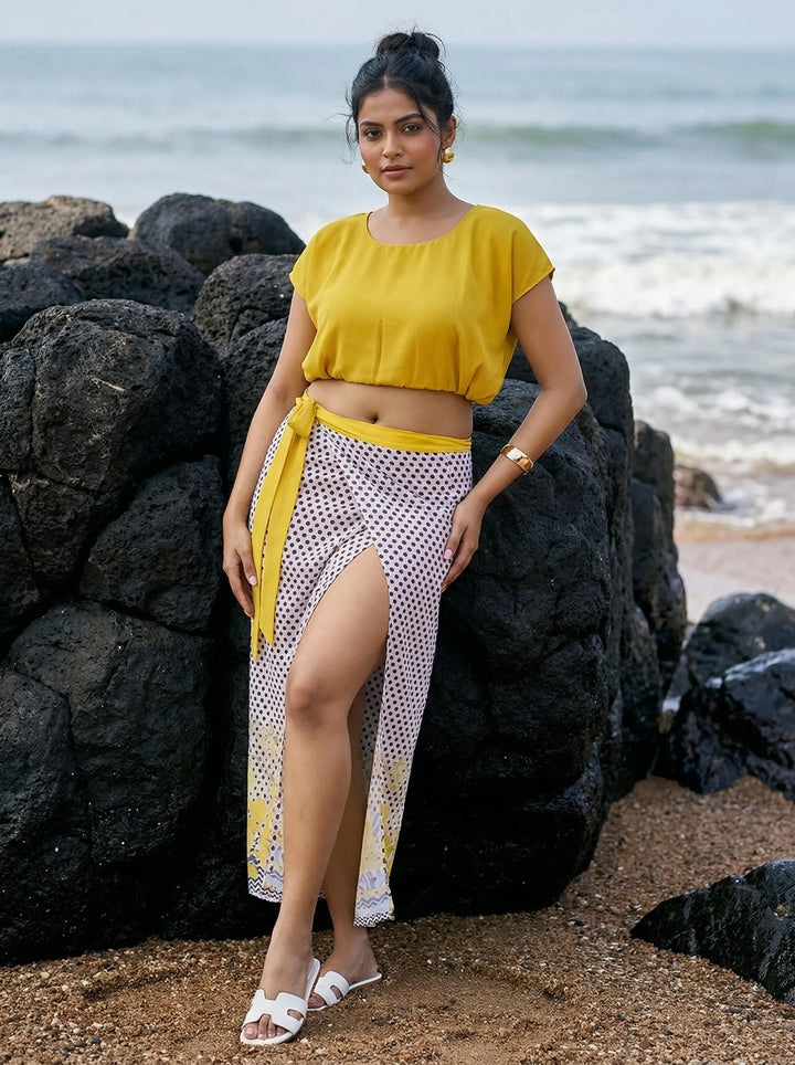 Yellow top and tie-up sarong summer beach wear for ladies