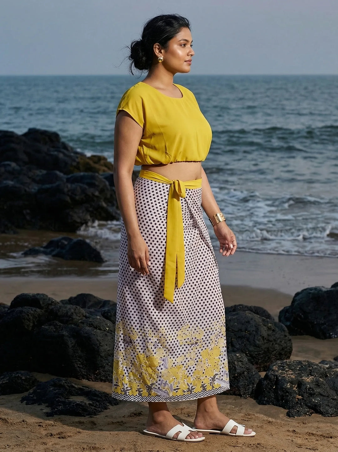 Yellow top and tie-up sarong summer beach wear for ladies