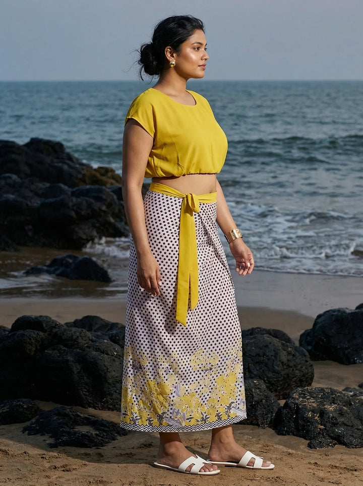 Yellow top and tie-up sarong summer beach wear for ladies
