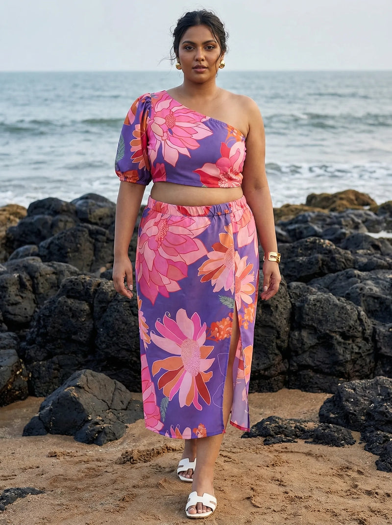 Tropical co-ord purple swimwear sarong with one-shoulder top