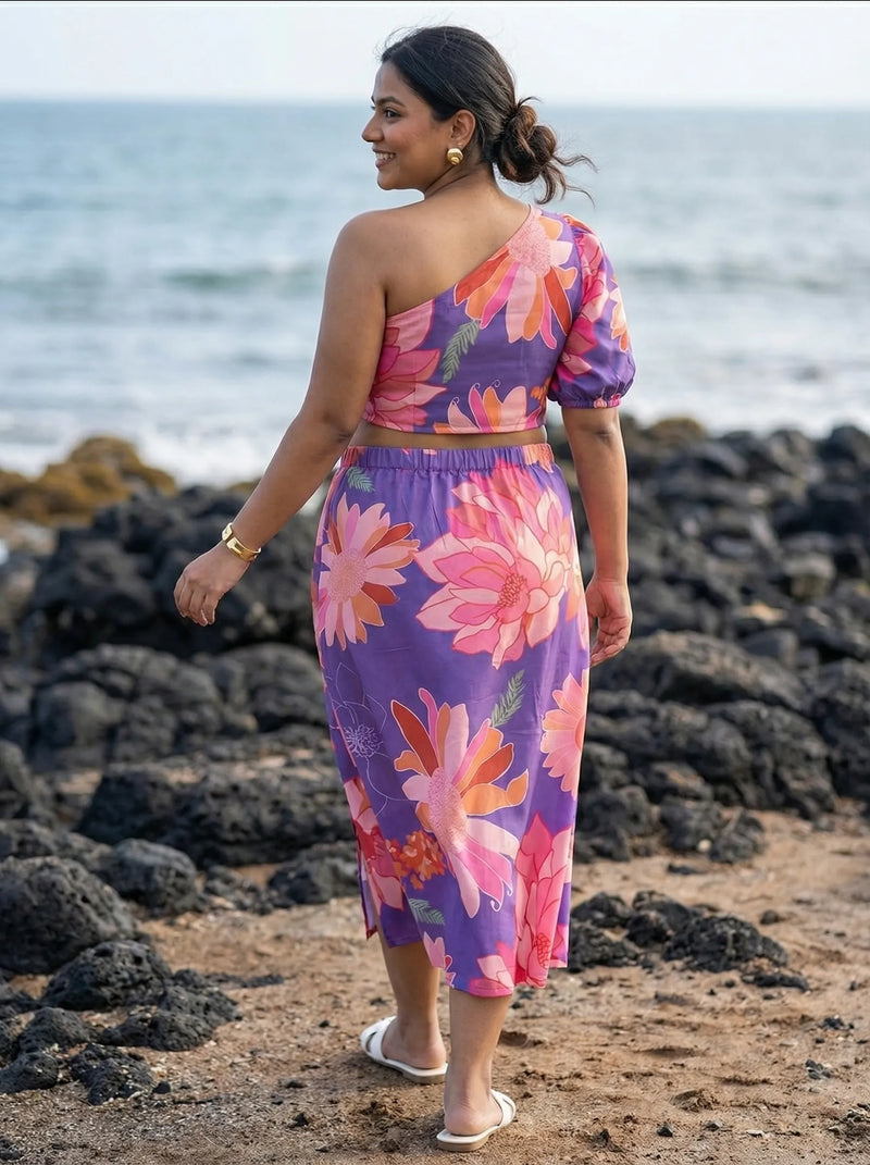 Tropical co-ord purple swimwear sarong with one-shoulder top