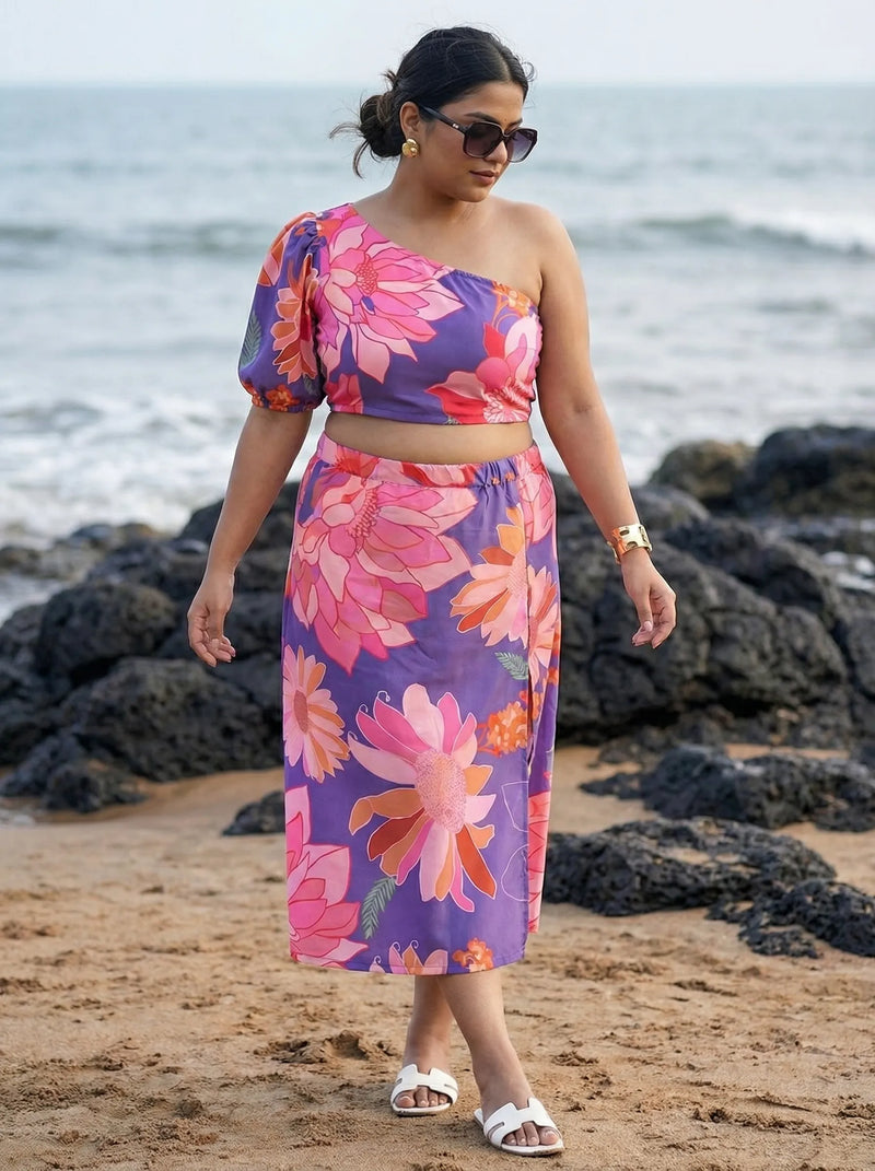 Tropical co-ord purple swimwear sarong with one-shoulder top