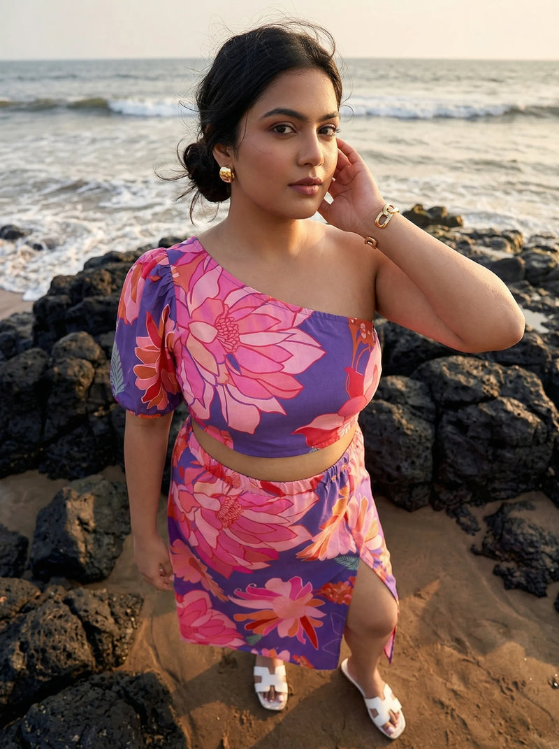Tropical co-ord purple swimwear sarong with one-shoulder top