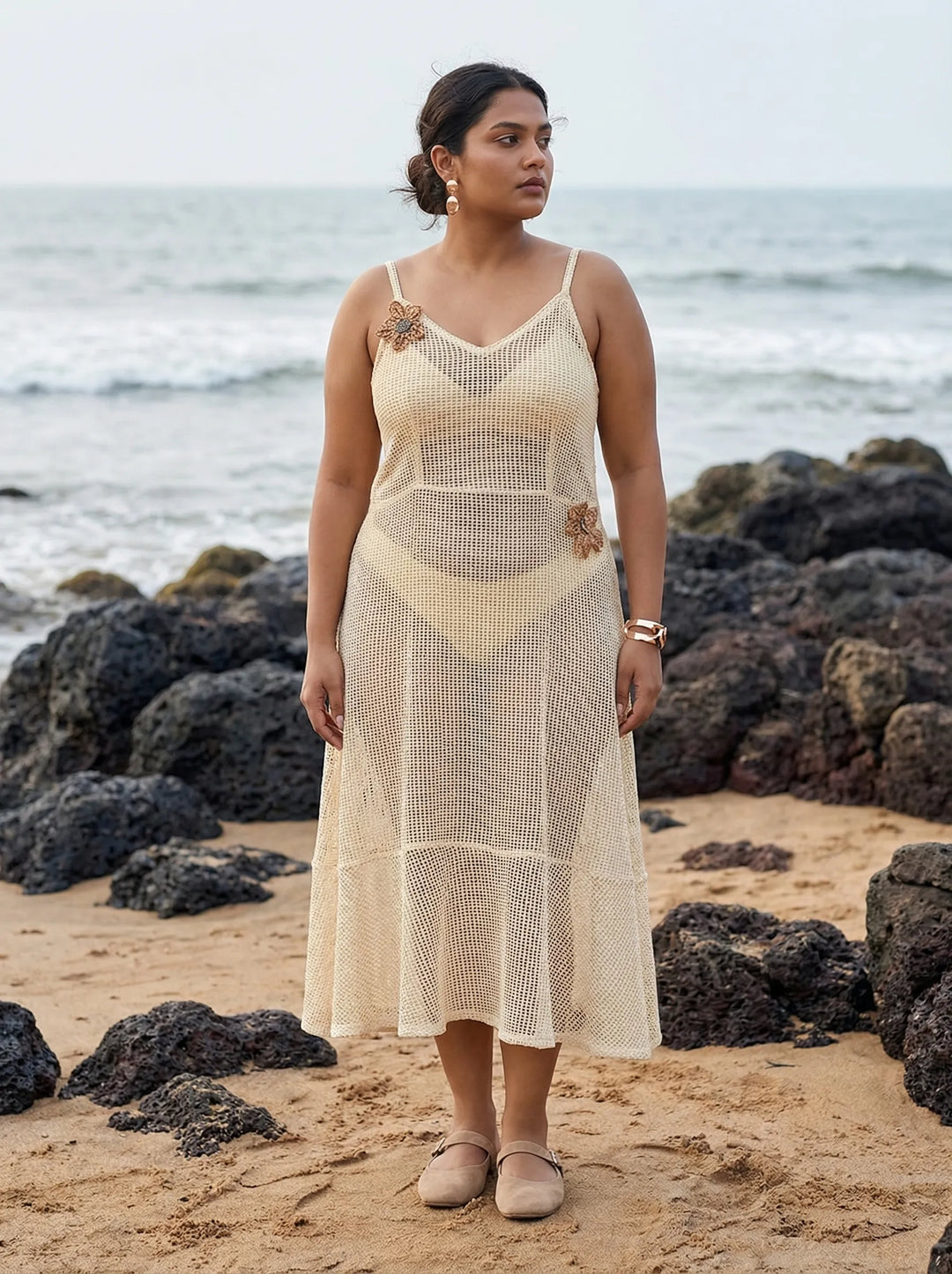 Off White Plus Size Beach Wear Knitted Cover Up Dress