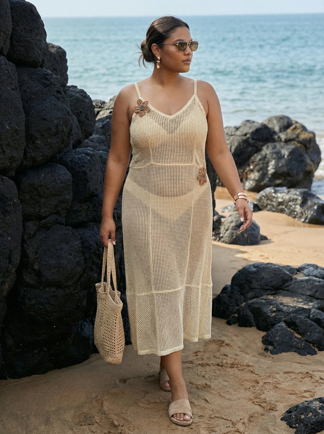 Off White Plus Size Beach Wear Cover Up Dress Cotton Knitted Off White Plus Size Beach Wear Cover Up Dress Cotton Knitted