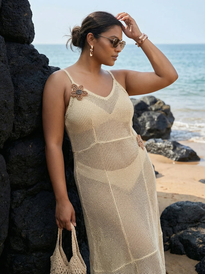 Off White Plus Size Beach Wear Knitted Cover Up Dress