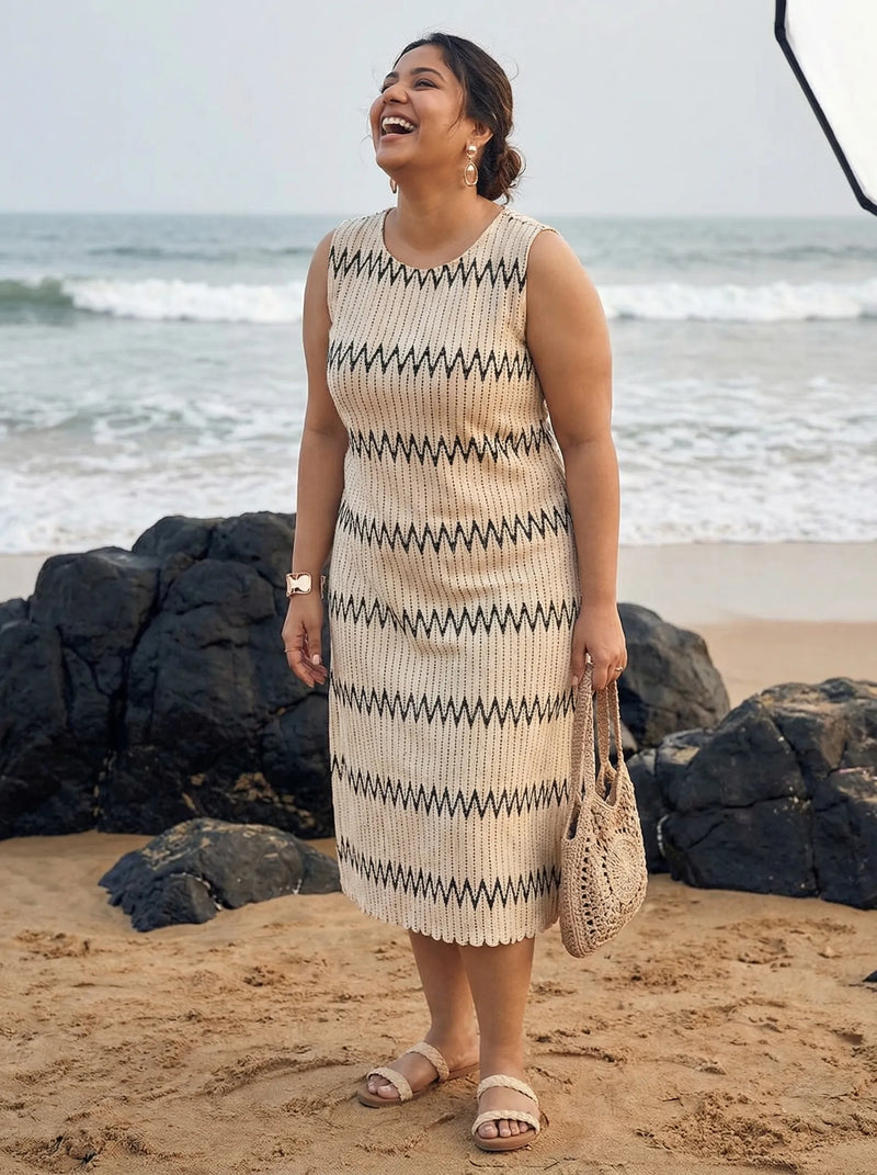 Off White Sleeveless Zig Zag Knitted Beach Wear Midi Dress