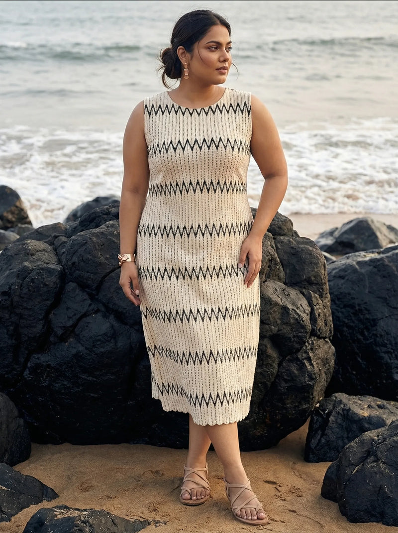 Off White Sleeveless Zig Zag Knitted Beach Wear Midi Dress