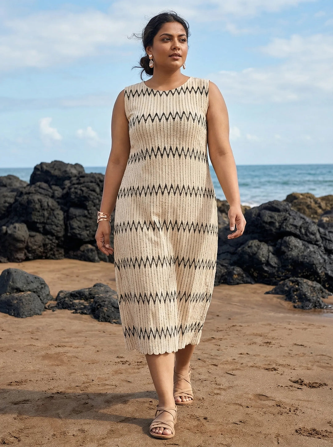 Off White Zig Zag Beach Wear Midi Dress for Women
