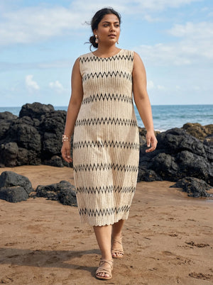 Off White Sleeveless Zig Zag Knitted Beach Wear Midi Dress