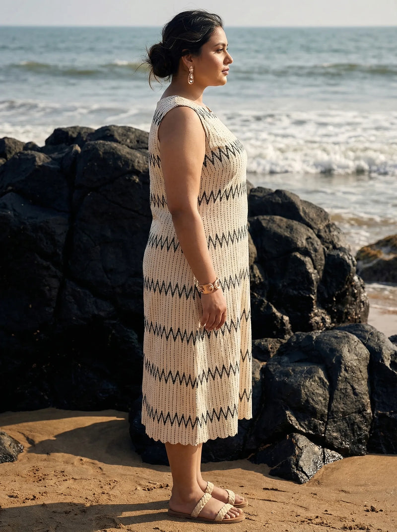 Off White Zig Zag Beach Wear Midi Dress for Women