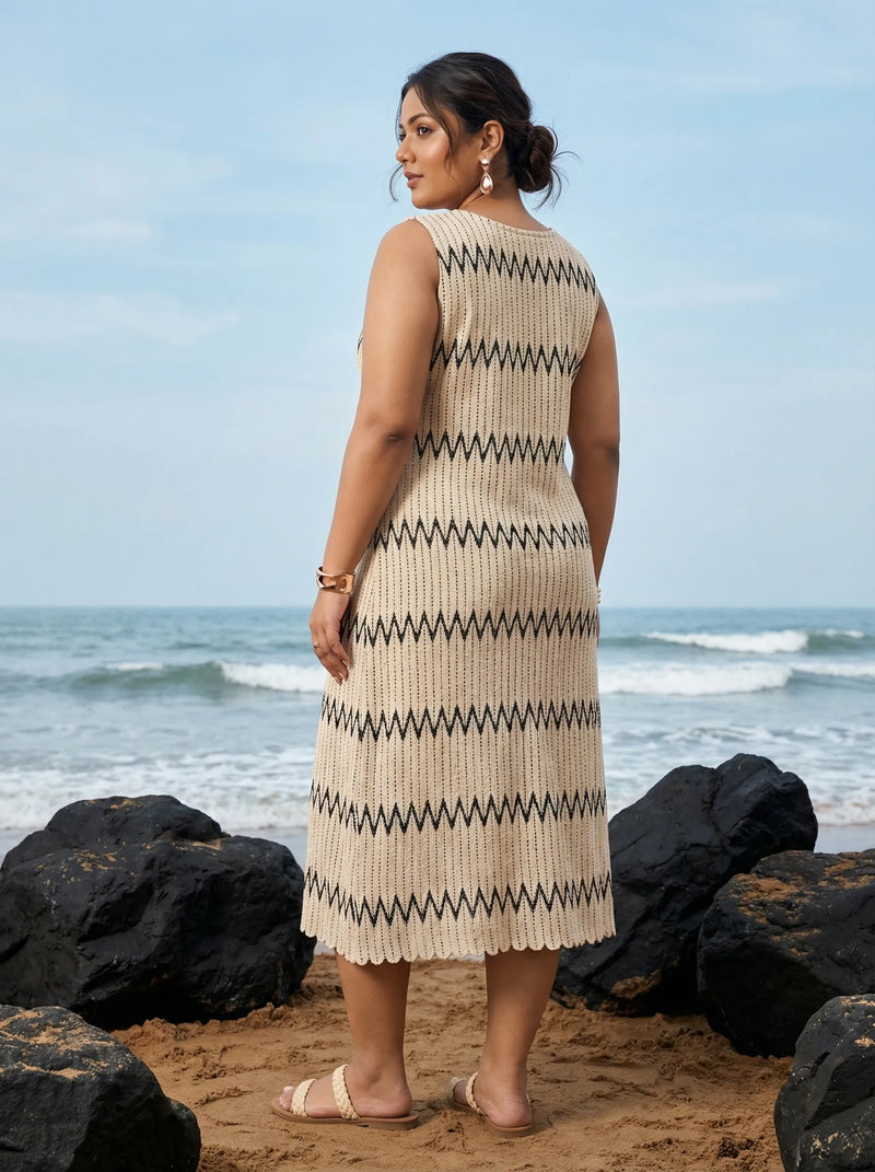 Off White Sleeveless Zig Zag Knitted Beach Wear Midi Dress