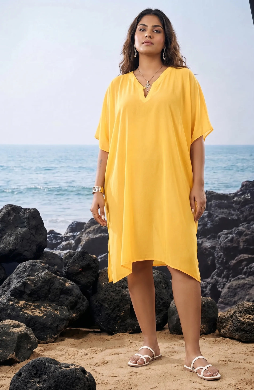 Beach Wear V Neck Yellow Kaftan Cover Up Dress