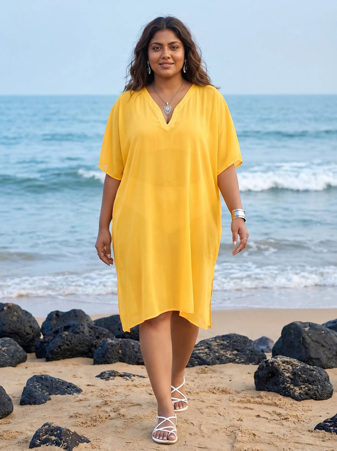 Beach Wear V Neck Yellow Kaftan Cover Up Dress Beach Wear V Neck Yellow Kaftan Cover Up Dress