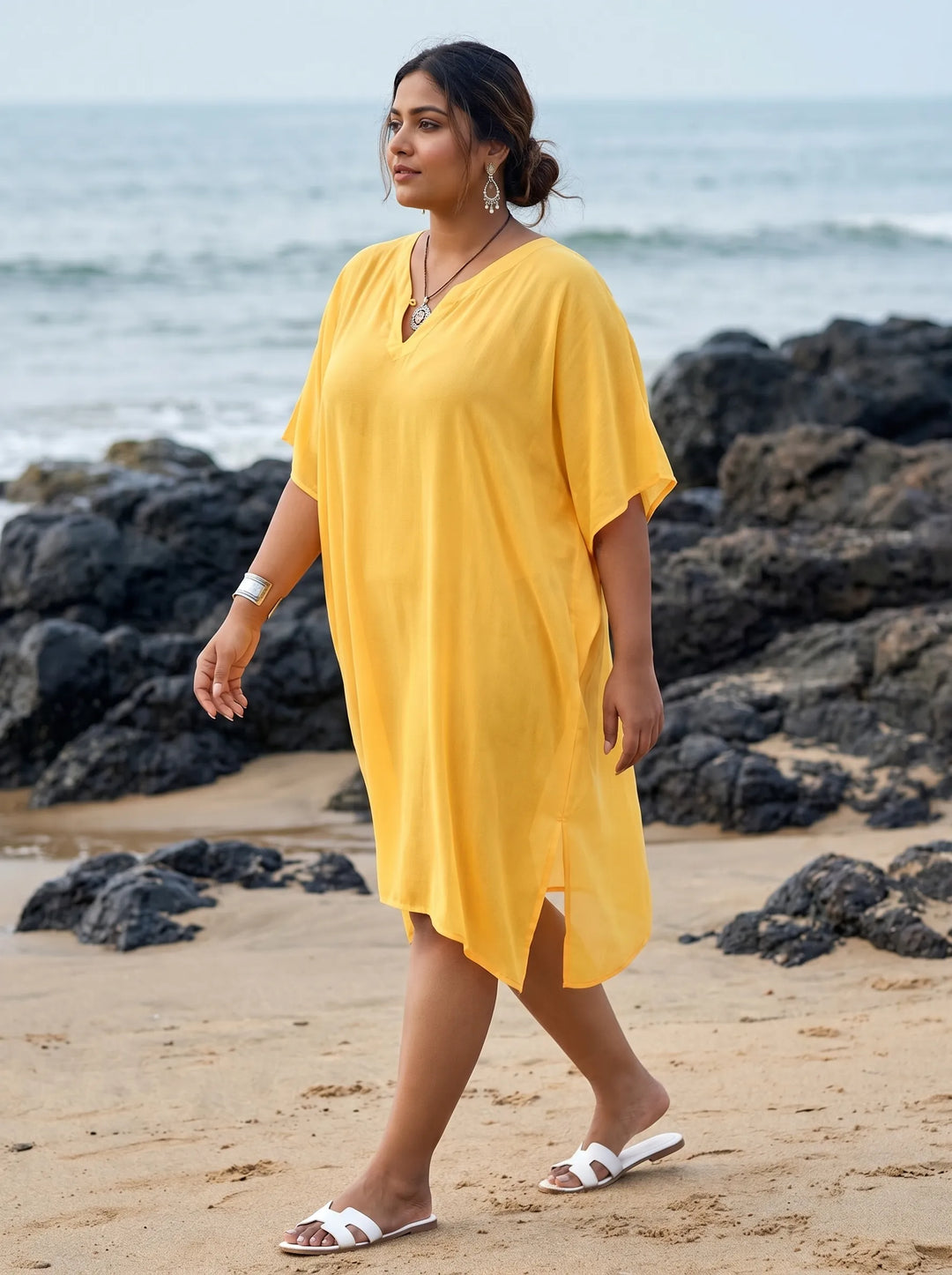 Beach Wear V Neck Yellow Kaftan Cover Up Dress