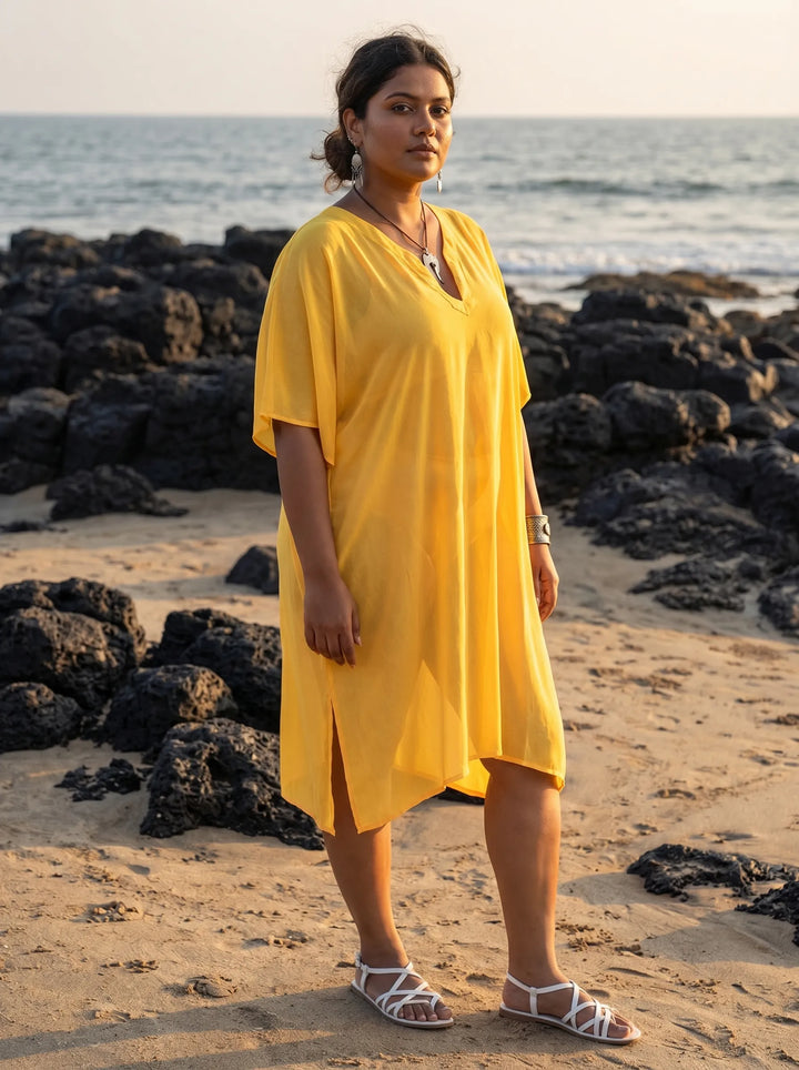 Beach Wear V Neck Yellow Kaftan Cover Up Dress