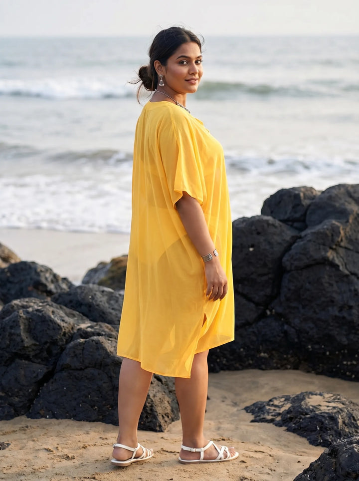 Beach Wear V Neck Yellow Kaftan Cover Up Dress