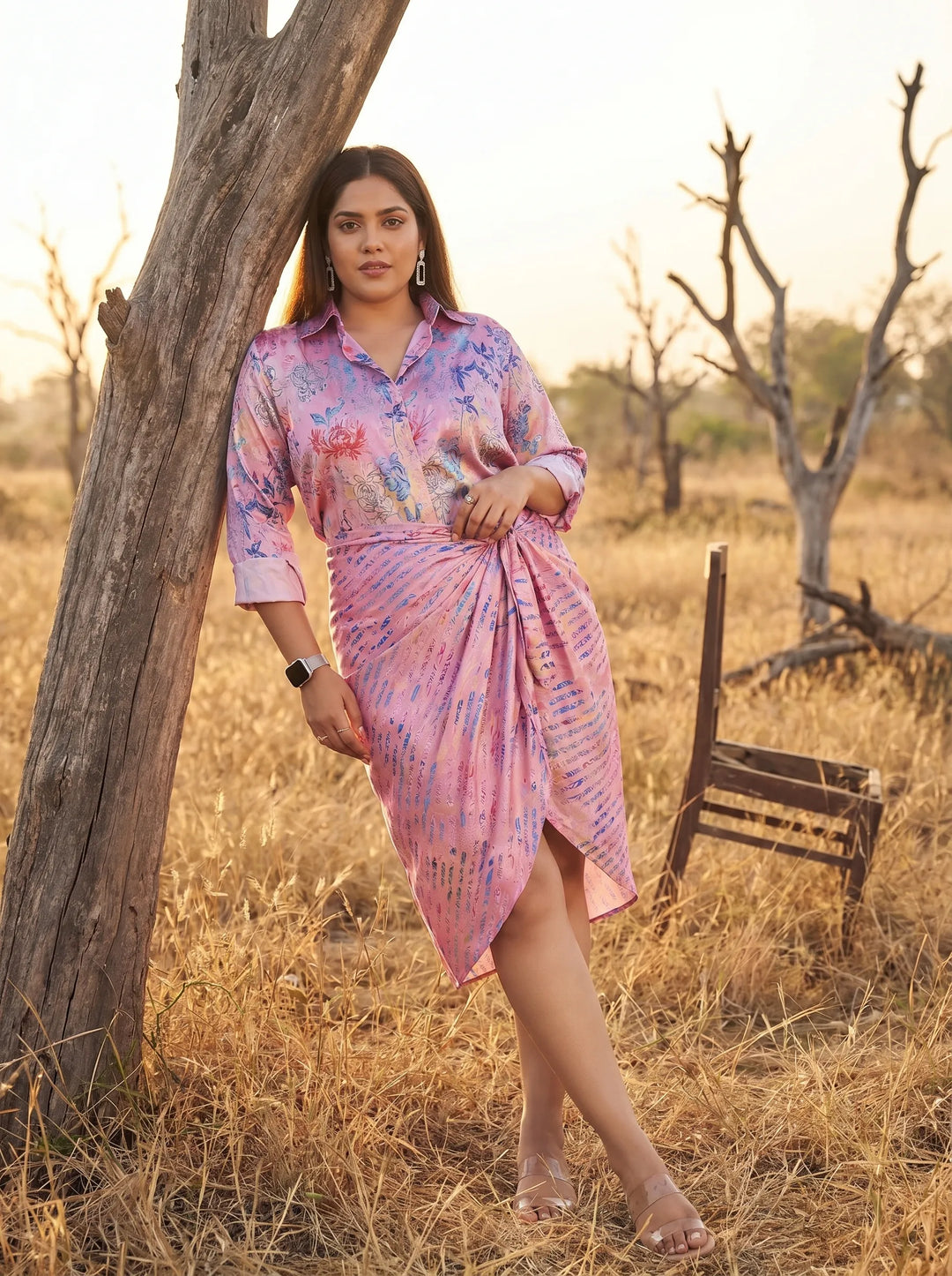 Floral Printed Shirt Dress with Beach Wear Sarong Skirt Cover Up Set