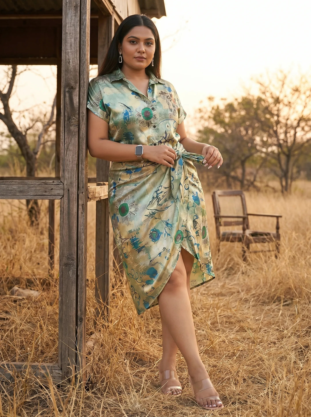 Swimwear Green Sarong with Shirt Dress Cover Up Set