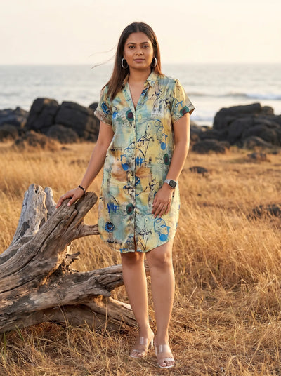 Green Floral Printed Shirt Dress