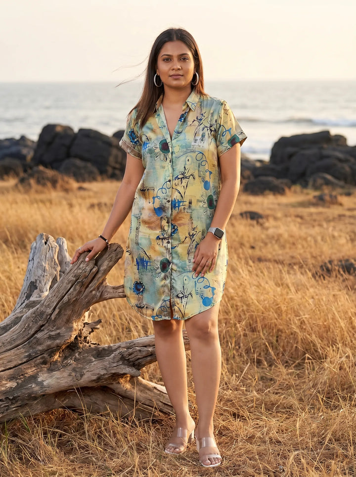 Green Floral Printed Shirt Dress