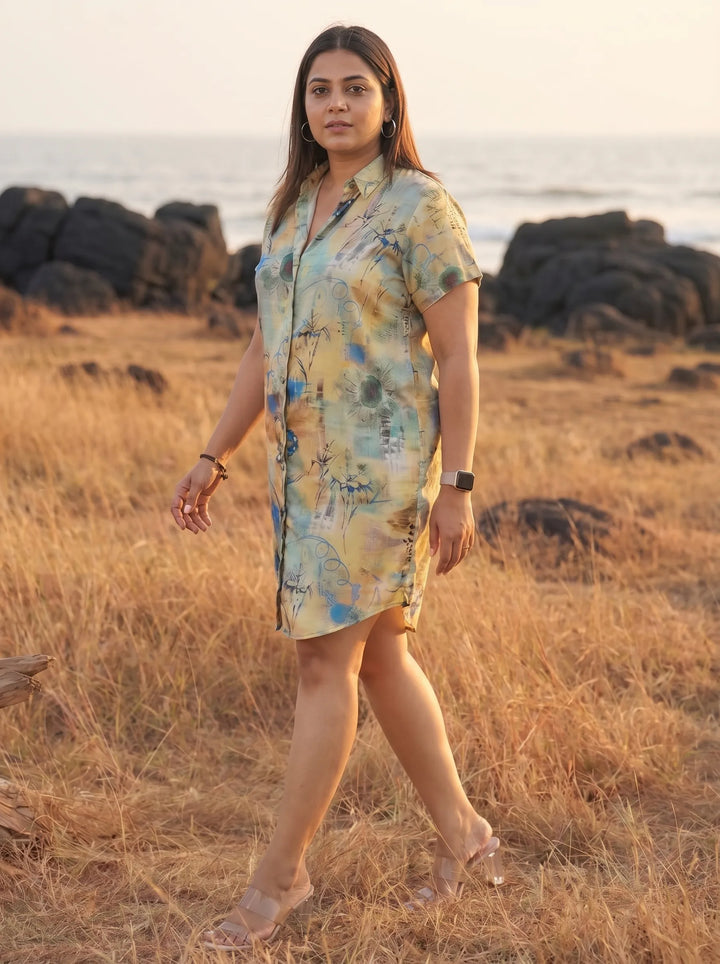 Green Floral Printed Shirt Dress
