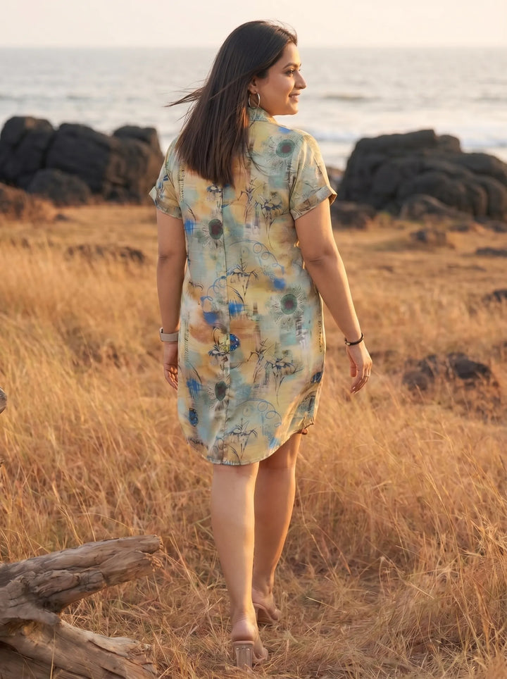 Green Floral Printed Shirt Dress