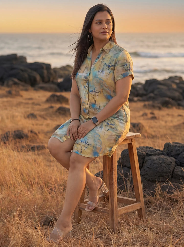 Green Floral Printed Shirt Dress