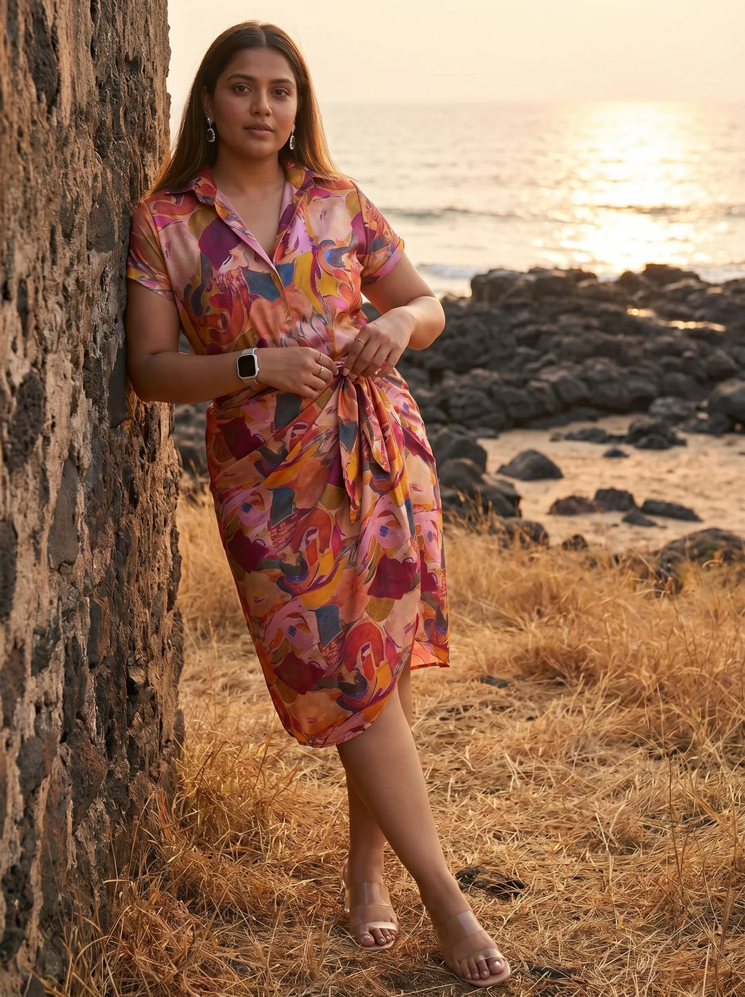 Abstract Printed Shirt Dress with Beach Wear Sarong Skirt Cover Up Set