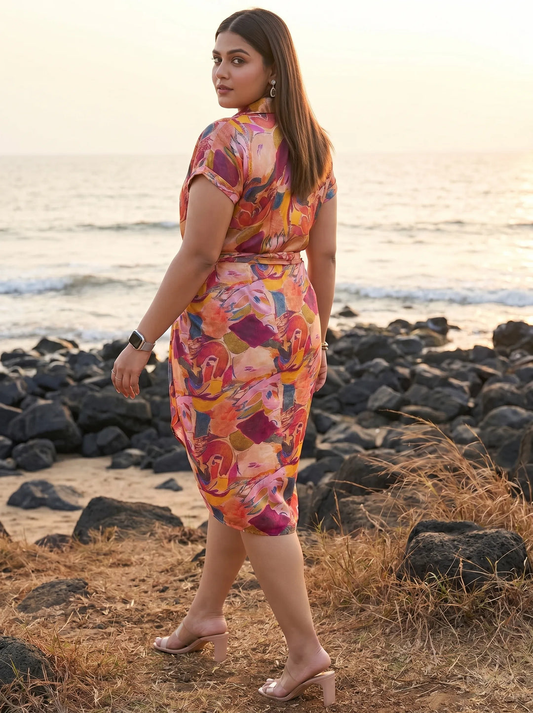 Abstract Printed Shirt Dress with Beach Wear Sarong Skirt Cover Up Set