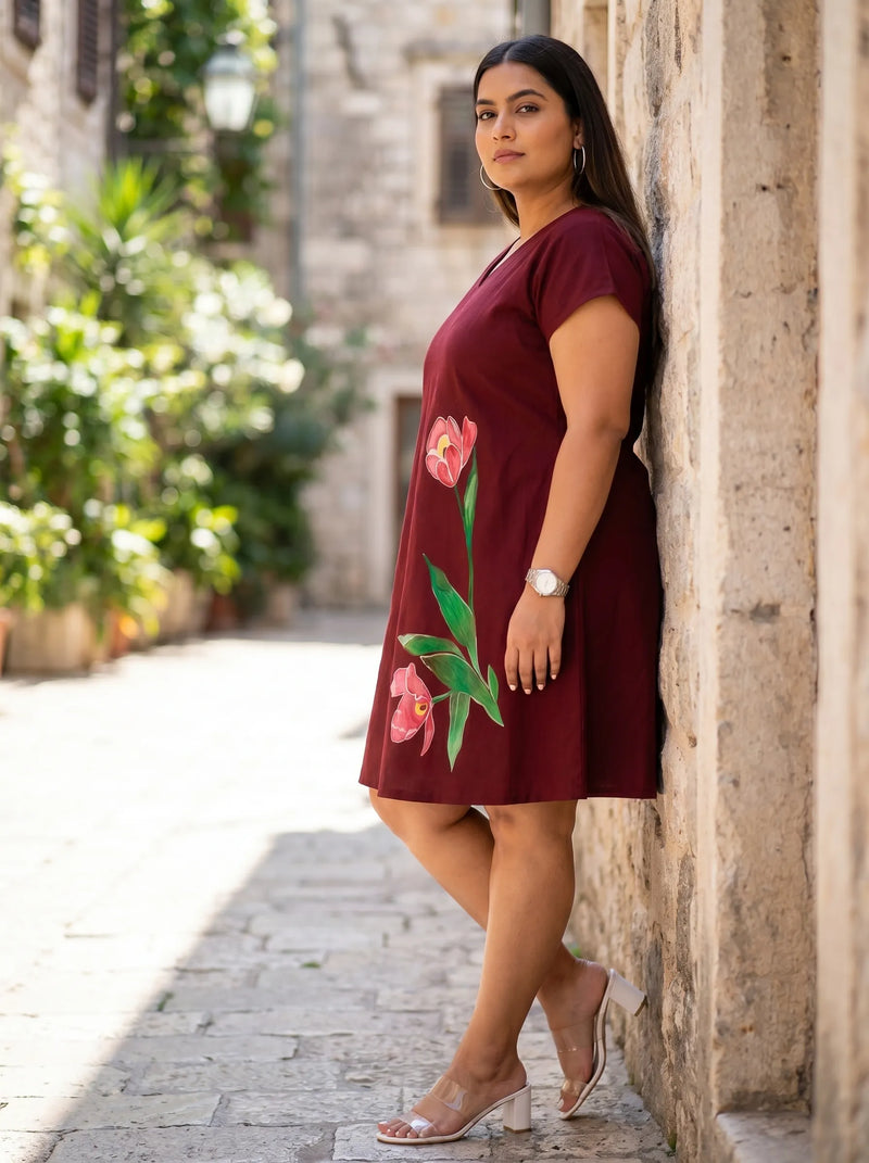 Hand Painted Floral Summer A Line Dress