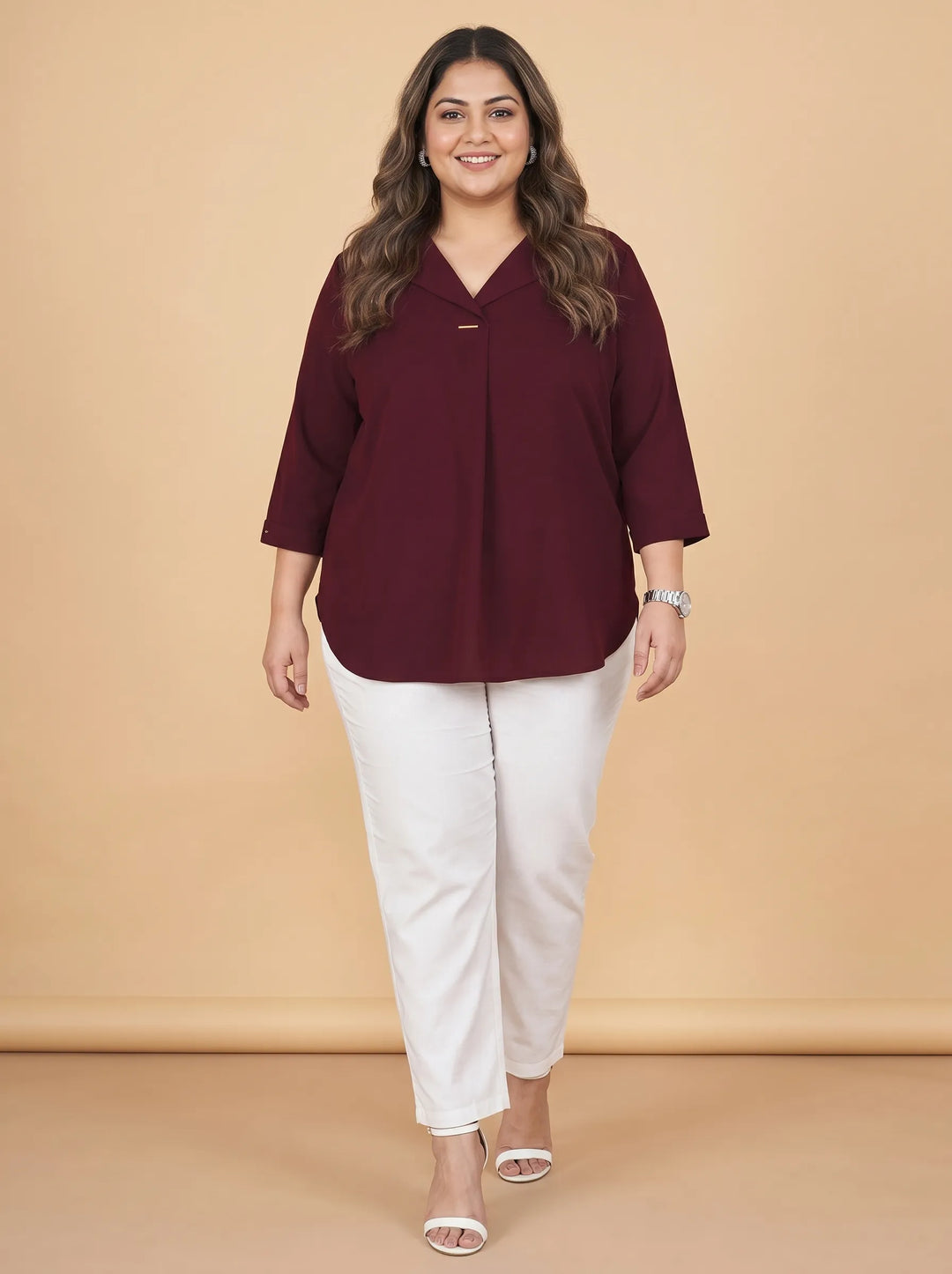 Curvy Lane Women Plus Size Notch Collar High Low Top