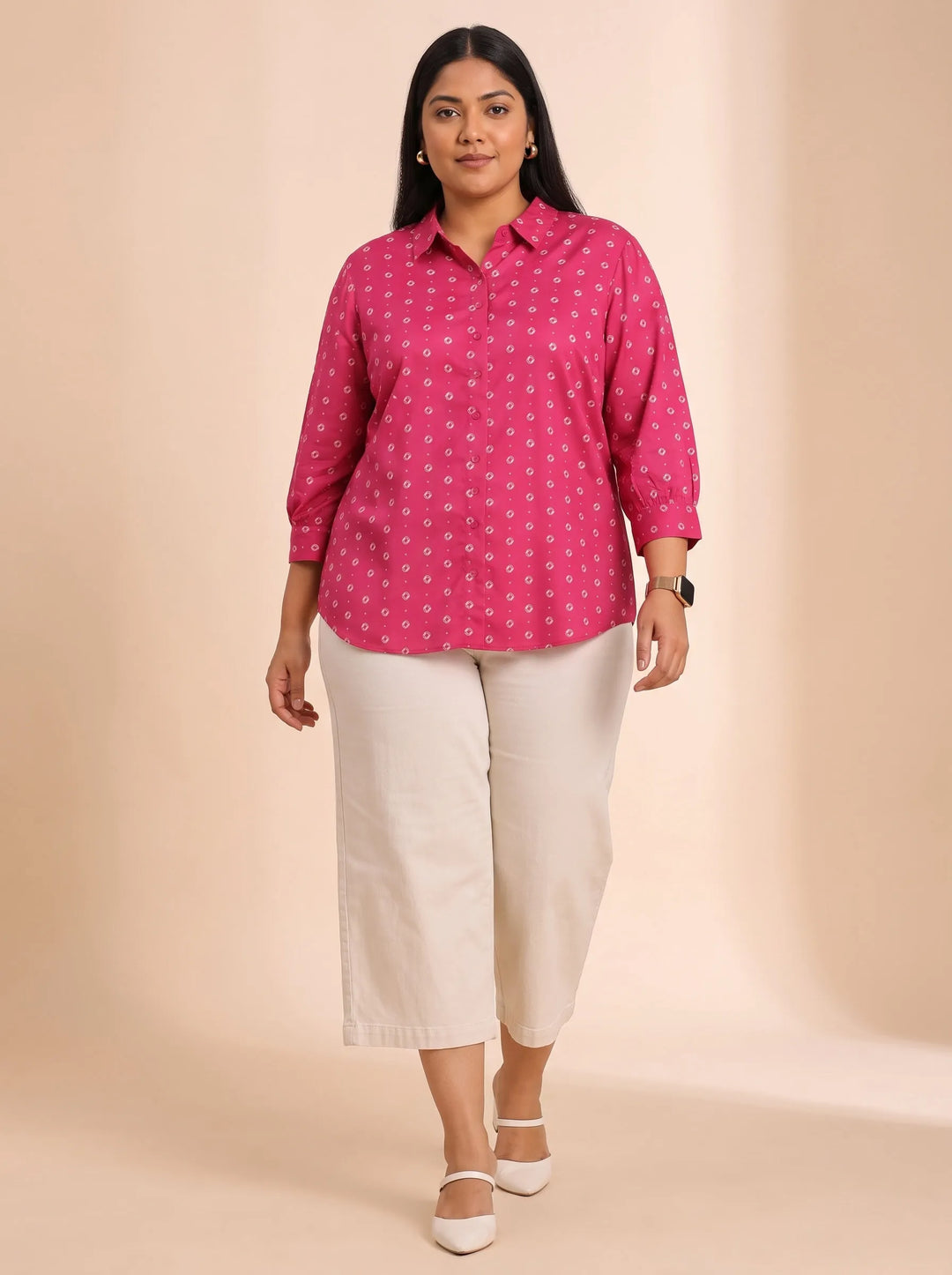 Fuchsia bandhani top with mandarin collar