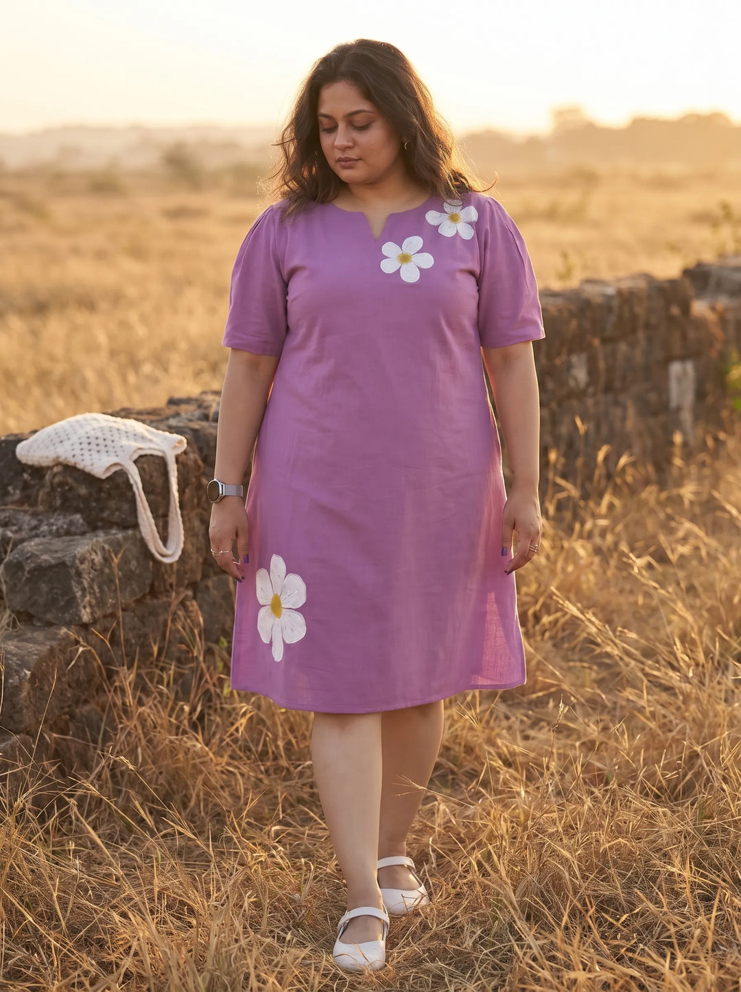 Lavender cotton dress with pockets for women