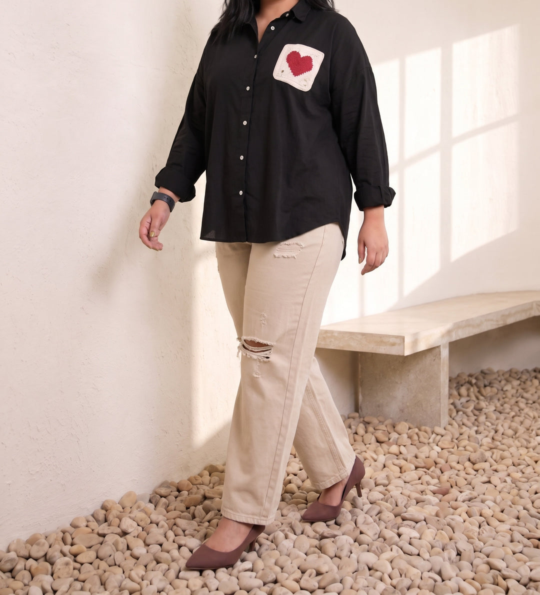 Black casual shirt with a heart pocket