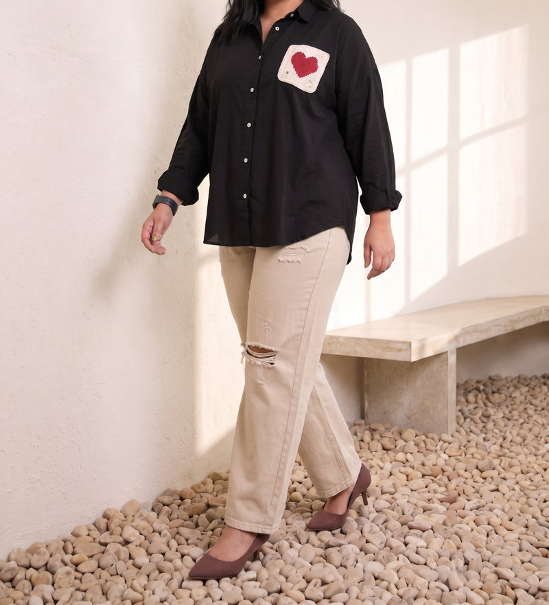 Black casual shirt with a heart pocket