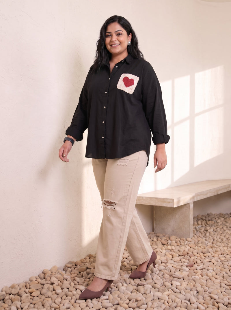 Black casual shirt with a heart pocket