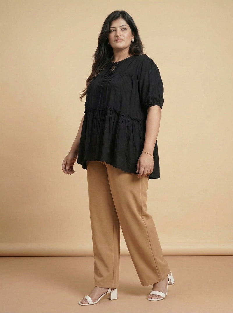Plus Size Black Pleated Tier Top for Women