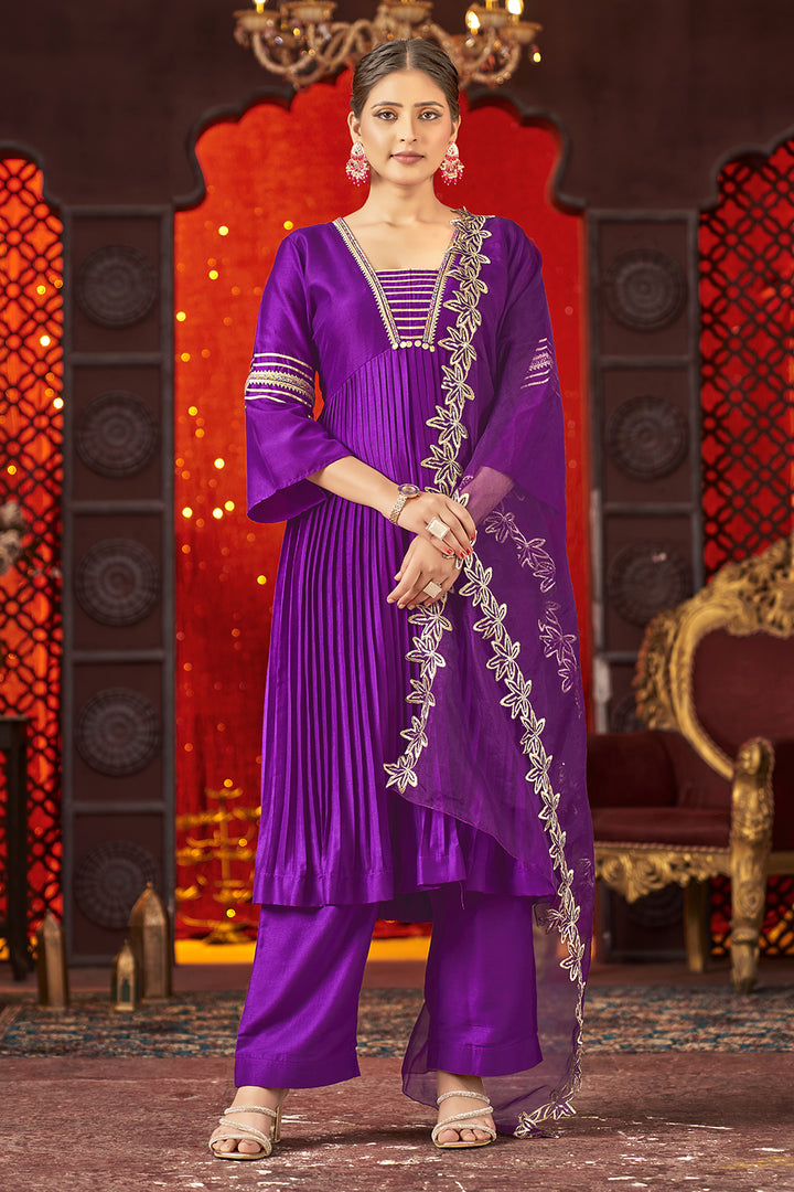 Violet Art Silk Alia Cut Anarkali Kurta Set with Trousers and Dupatta