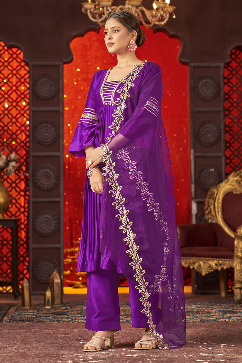 Violet Art Silk Alia Cut Anarkali Kurta Set with Trousers and Dupatta