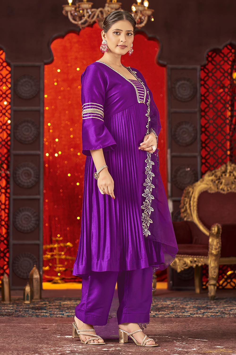 Violet Art Silk Alia Cut Anarkali Kurta Set with Trousers and Dupatta