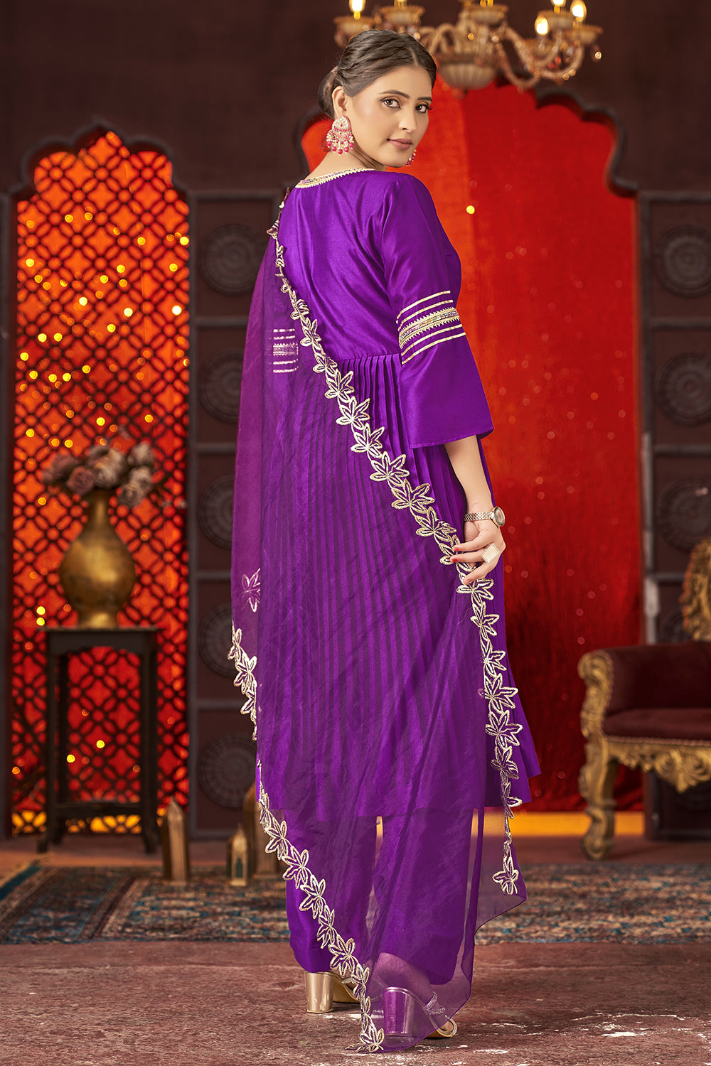 Violet Art Silk Alia Cut Anarkali Kurta Set with Trousers and Dupatta