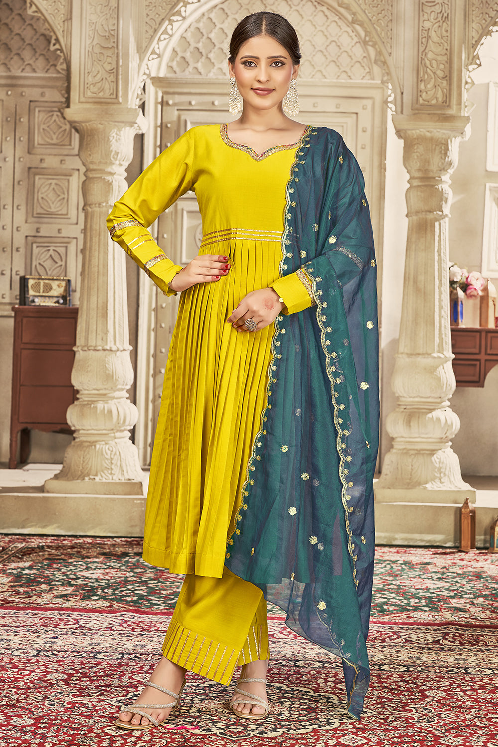 Yellow Anarkali Embroidered Kurta Set with Trousers and Dupatta