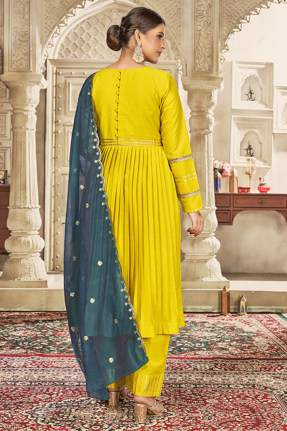 Yellow Anarkali Embroidered Kurta Set with Trousers and Dupatta