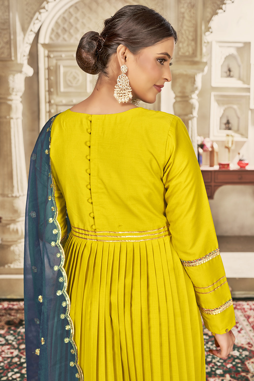 Yellow Anarkali Embroidered Kurta Set with Trousers and Dupatta