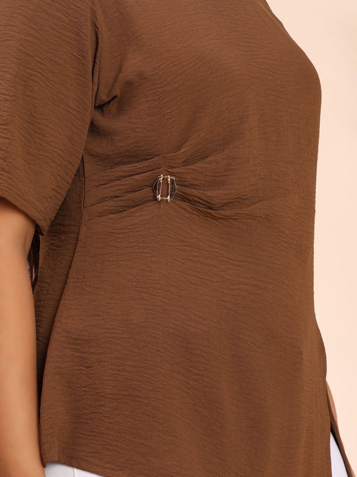 Brown asymmetric casual top for women