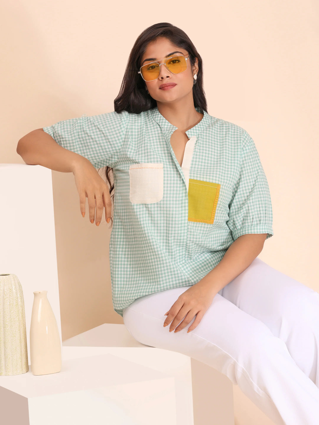 Caribbean blue checks top for women