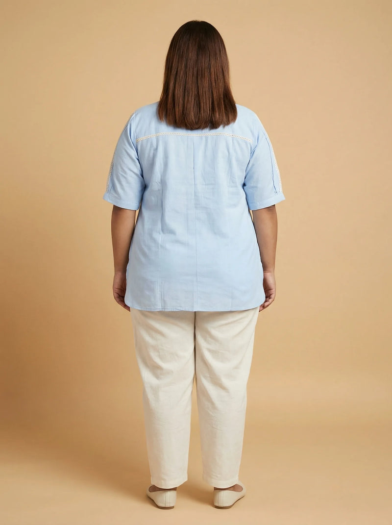 Sky Blue Pure Cotton Puffed Sleeve Top