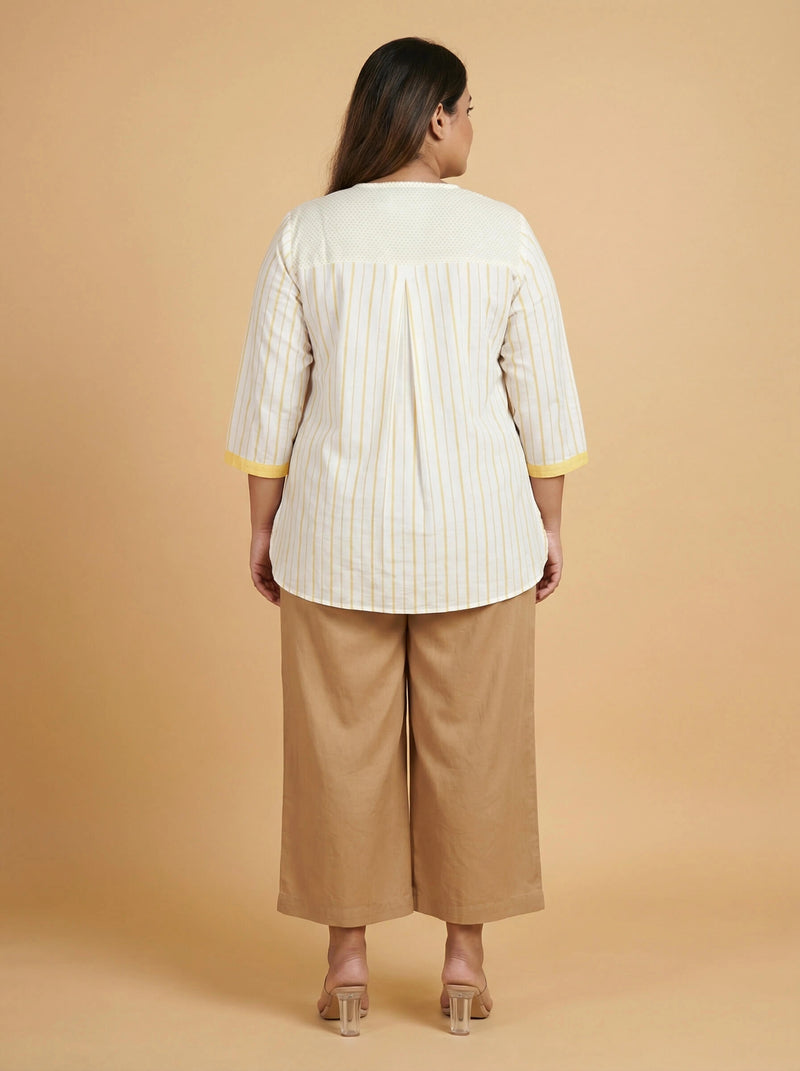 yellow Striped Cotton Cotton Crochet Detail Top