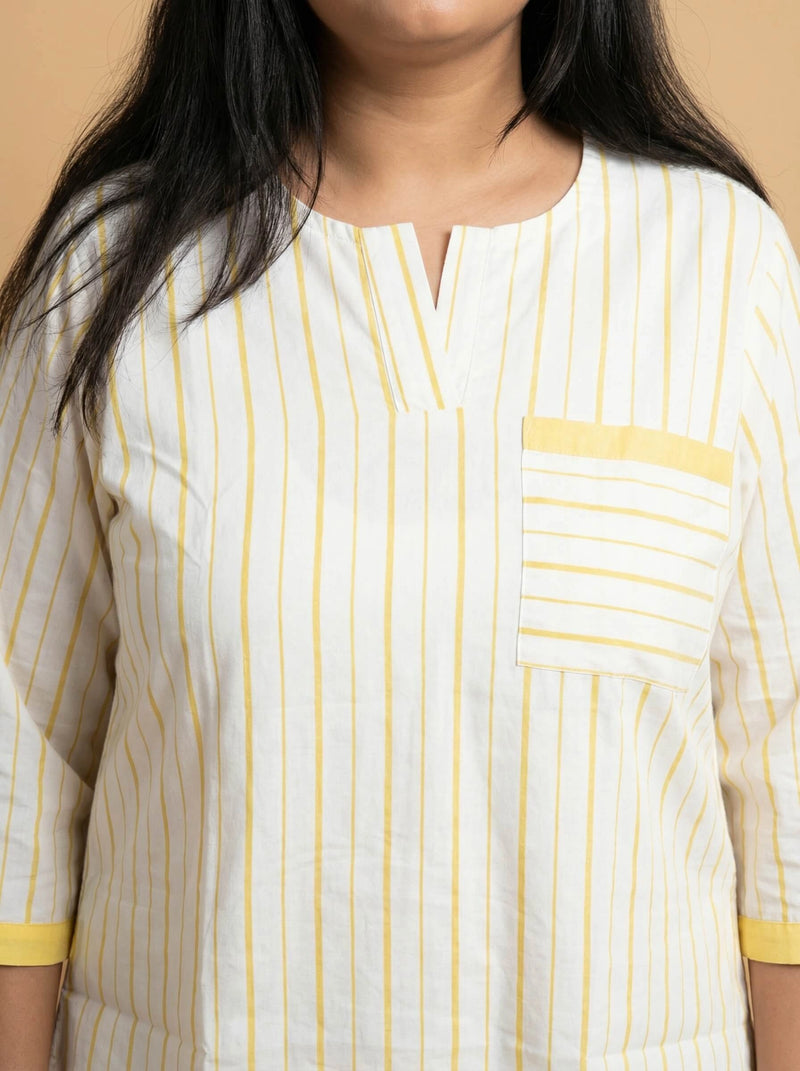 yellow Striped Cotton Cotton Crochet Detail Top